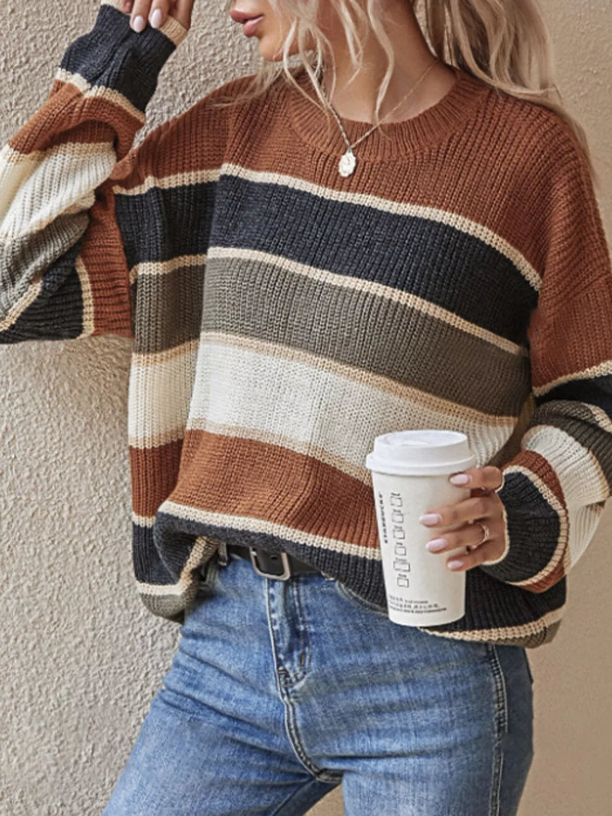 Color Block Striped Crew Neck Sweater in brown with multicolor stripes, front view