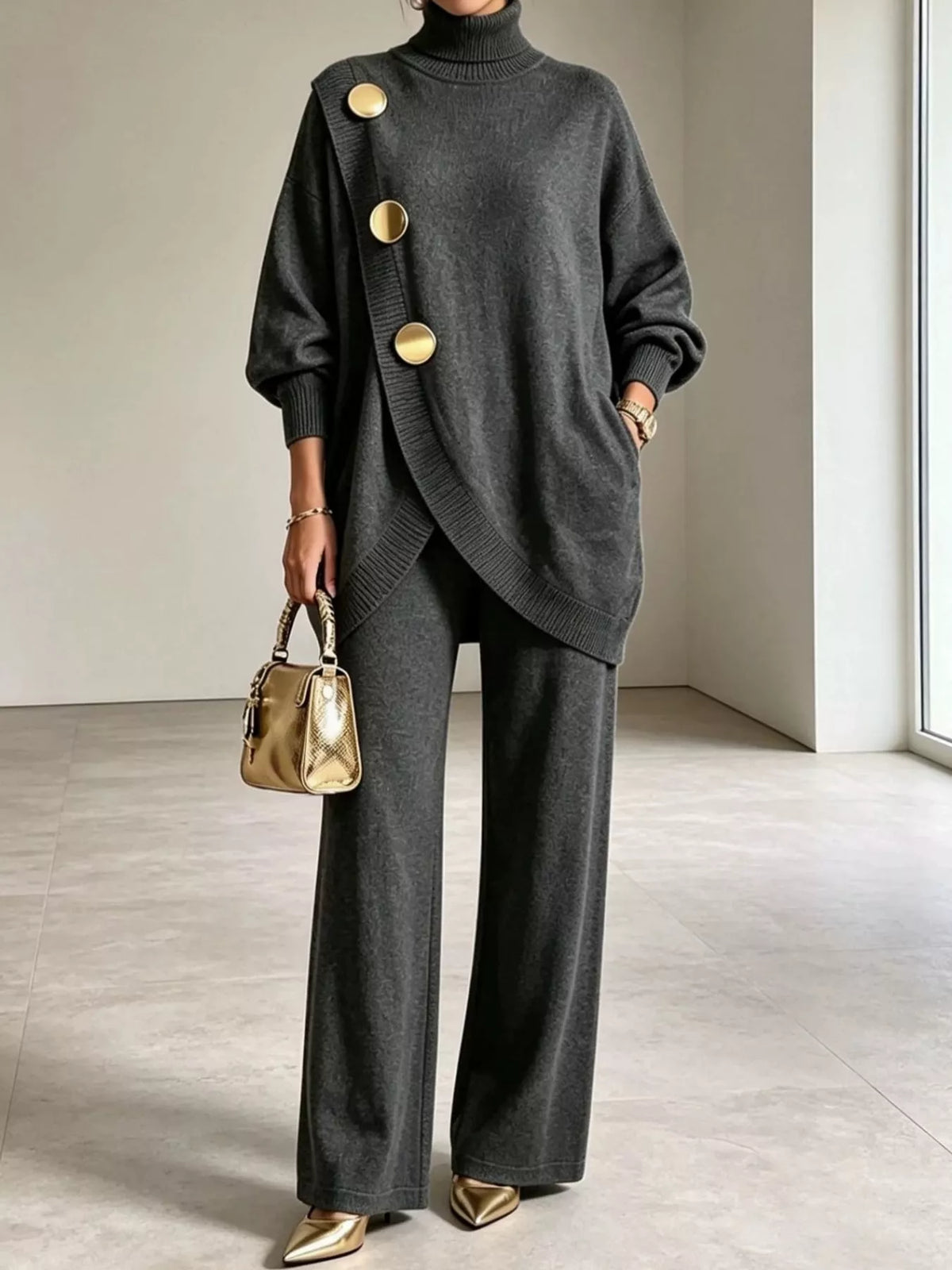 Dark Gray turtleneck long sleeve top and pants sweater set