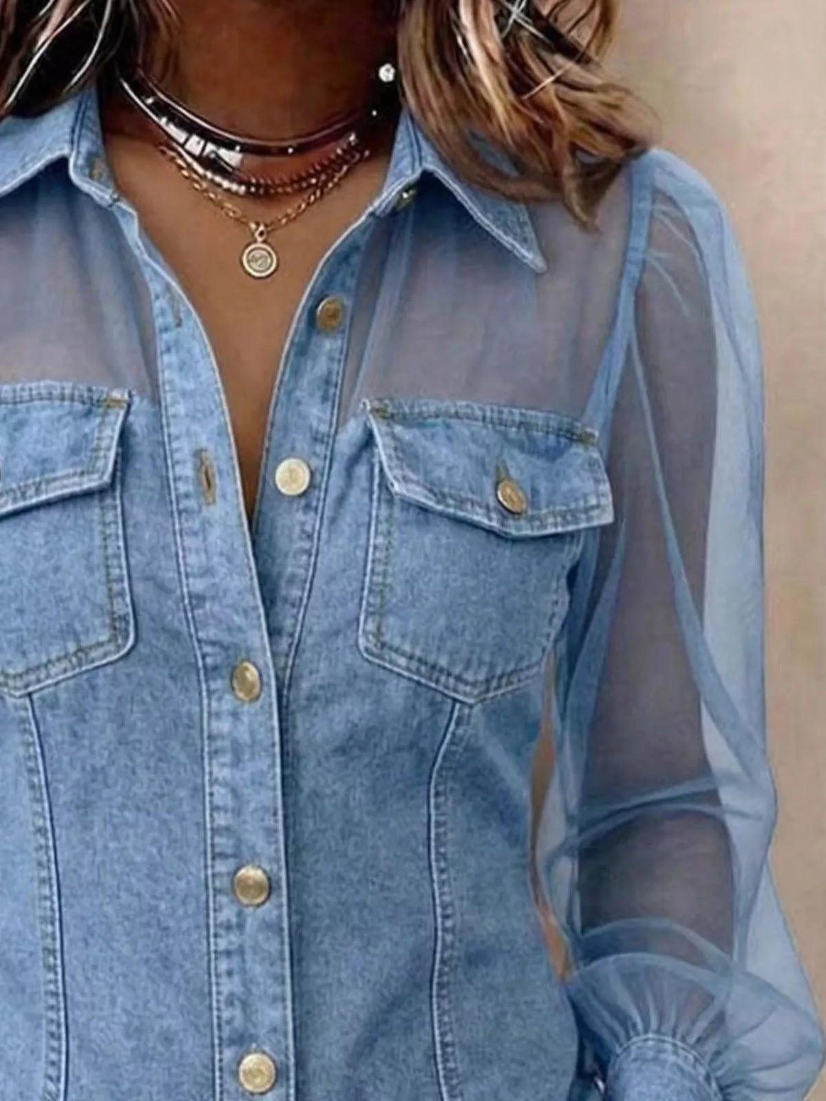 Light blue sheer mesh sleeve button-up shirt — design and construction details