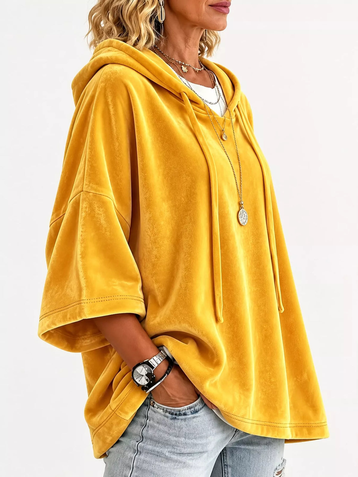 Yellow velvet half sleeve hoodie with drawstring, side view