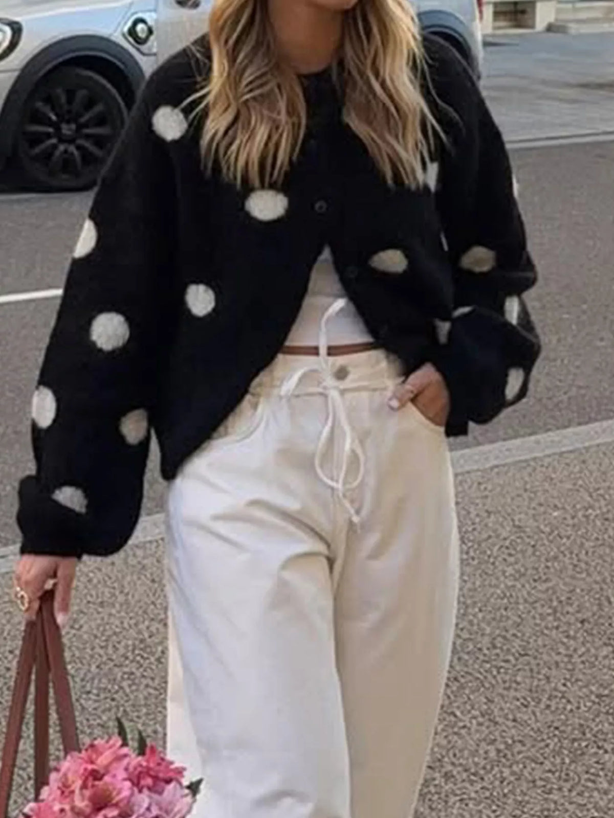 Polka dot fuzzy knit button-up cardigan