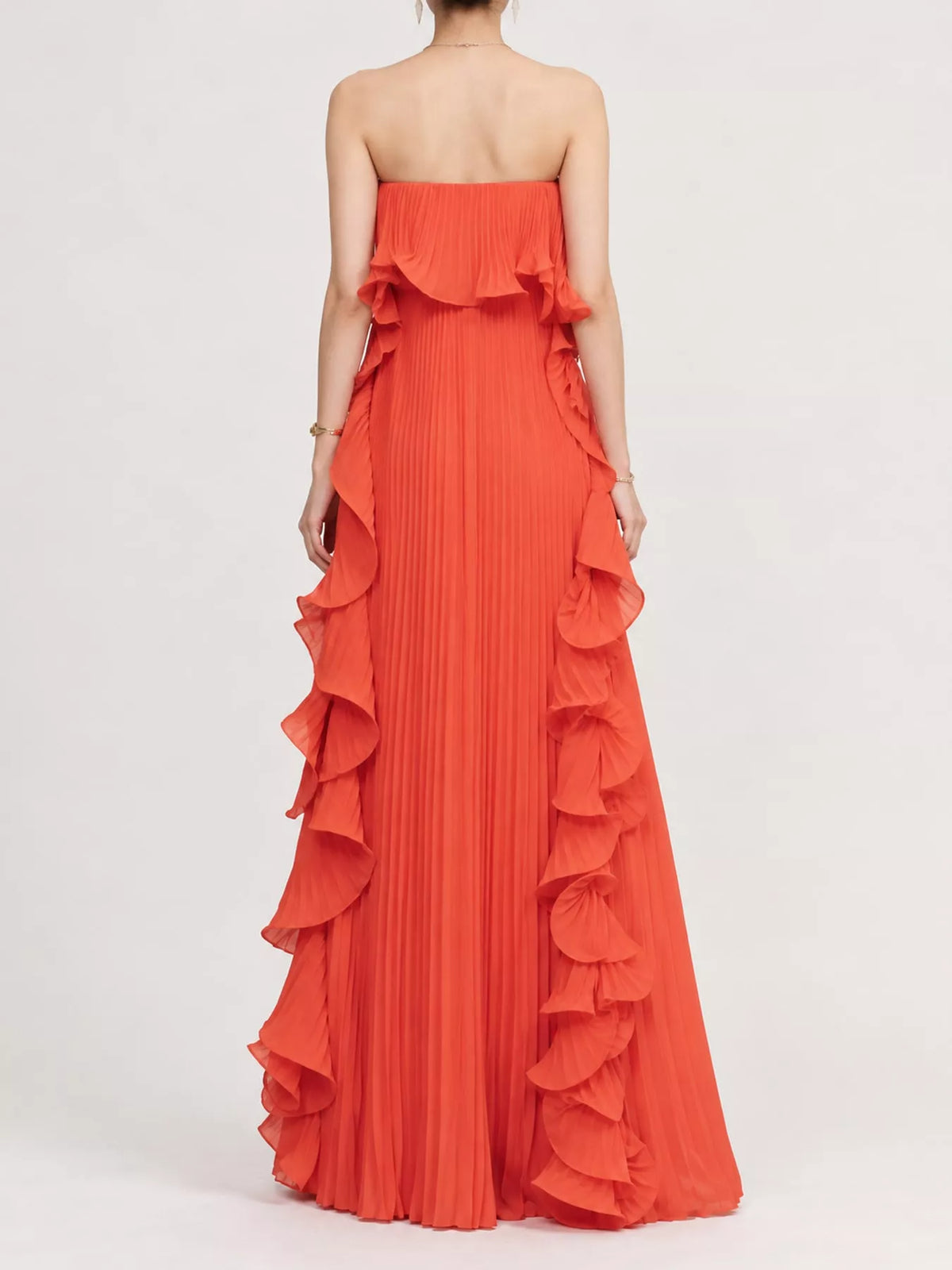Ruffled Strapless Pleated Maxi Dress — back view