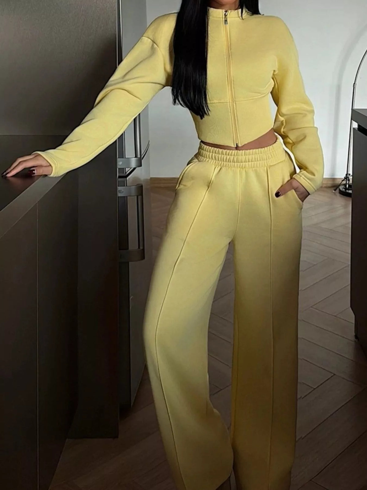Trendsi Zip-Up Crop Jacket and Wide-Leg Pants Set -