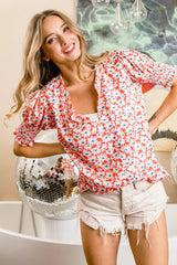 Trendsi BiBi Floral Jqd Smoked Puff Sleeves V Neck Top - Shirts