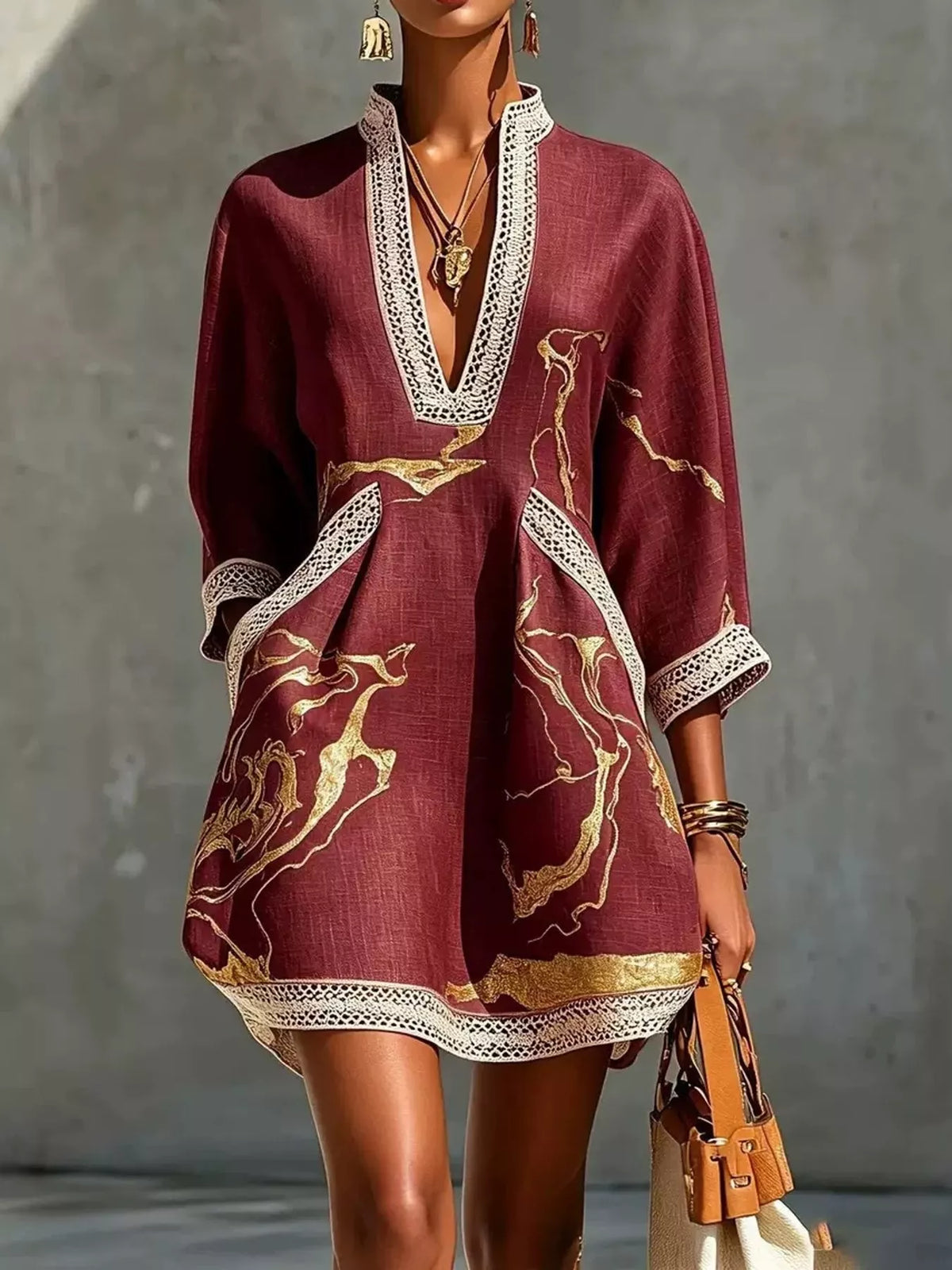 Burgundy notched 3/4 sleeve mini dress