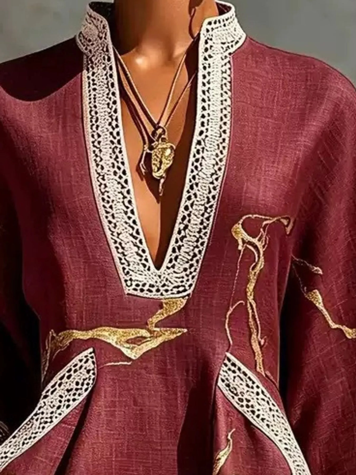 Burgundy notched 3/4 sleeve mini dress, neckline and contrasting trim