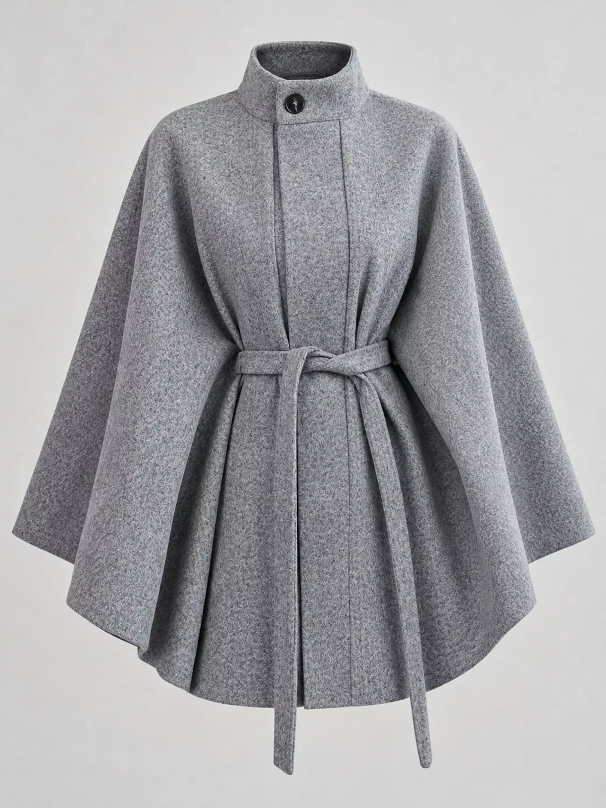 Gray tie-waist cape — front view