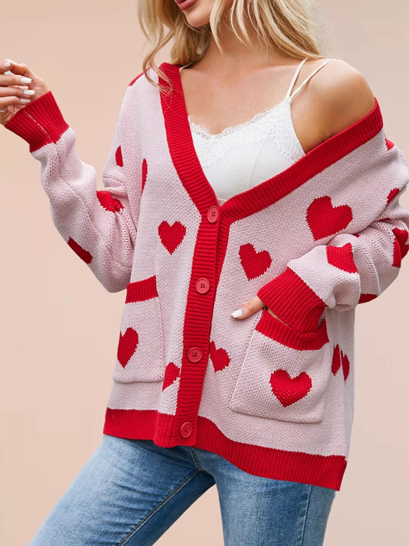Trendsi Heart Pattern V-Neck Button-Down Knit Cardigan -