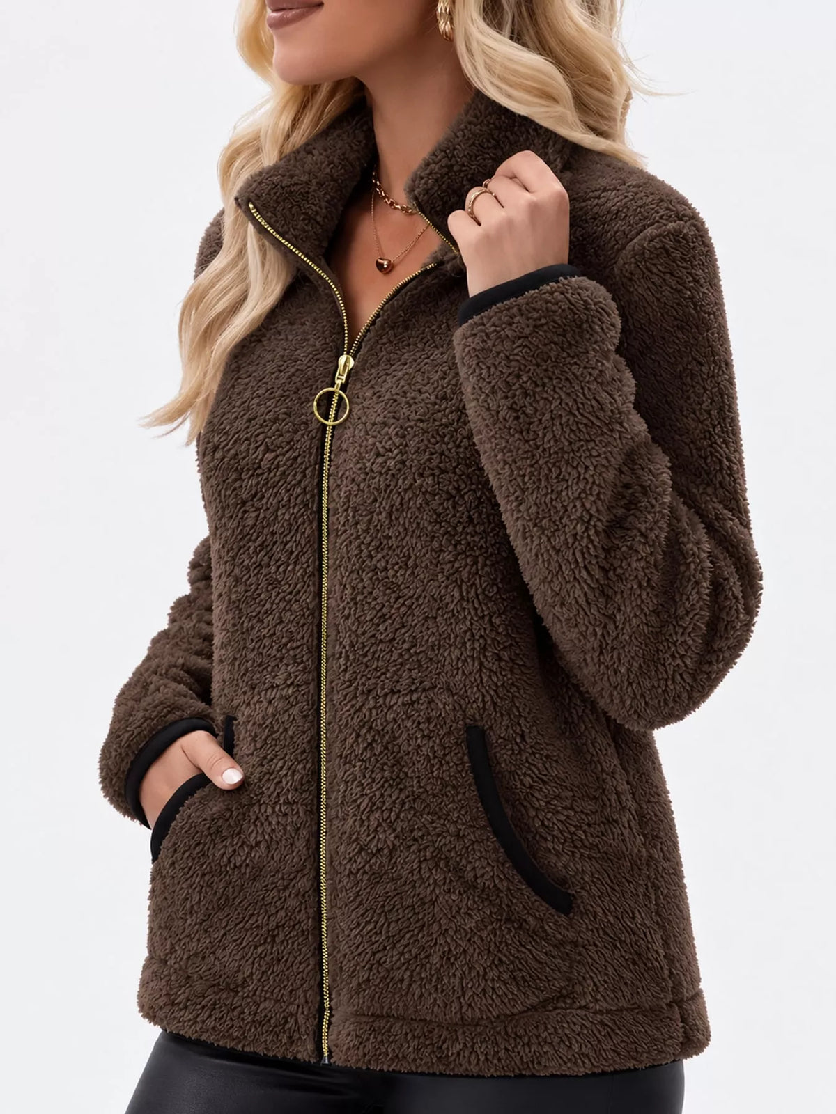 Contrast-trim fleece jacket, brown side