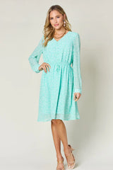 Trendsi Double Take Full Size Printed Ruched V-Neck Long Sleeve Dress -