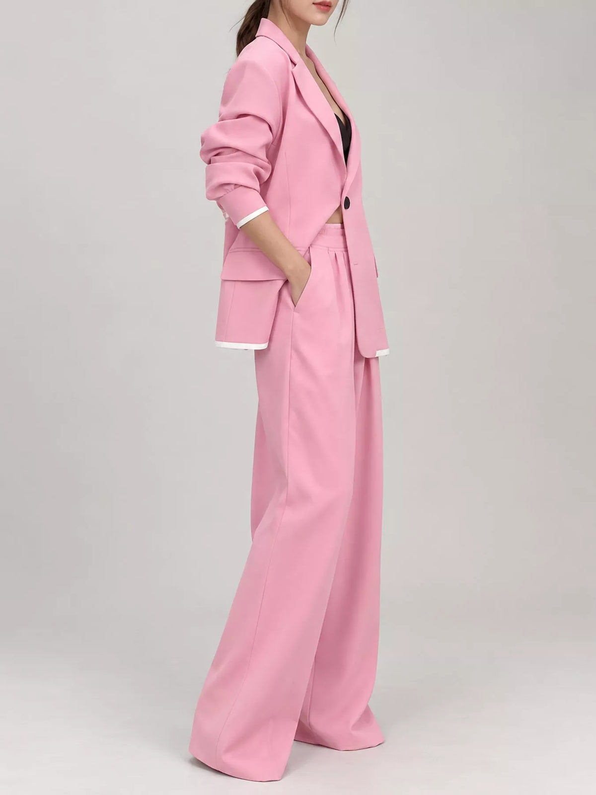Pink contrast-trim blazer and wide-leg pants set