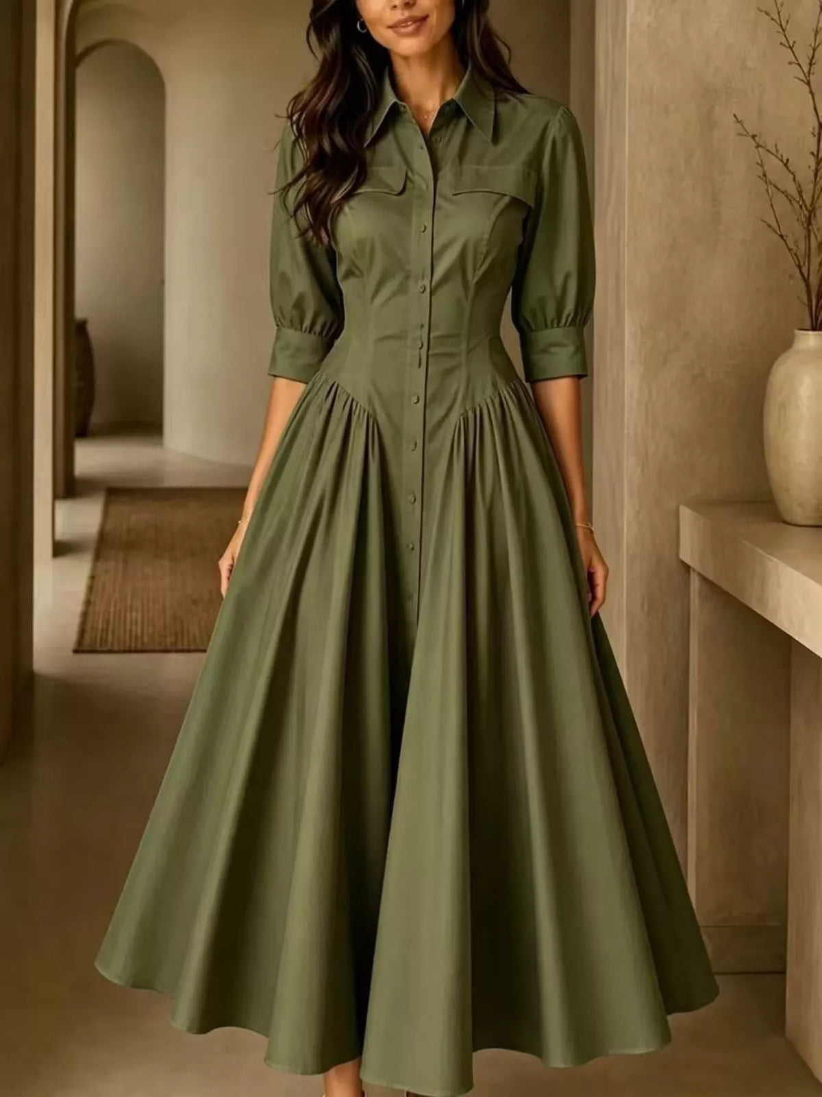 Button-Down Shirt Dress with Cinched Waist, front view