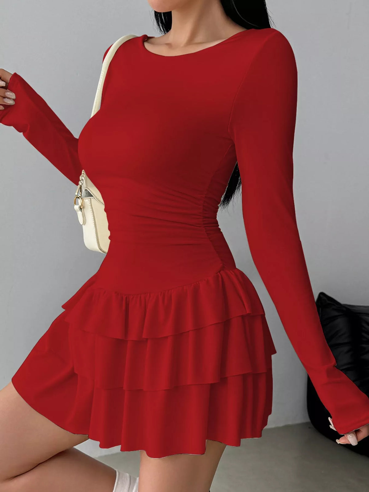 Red layered ruffle mini dress
