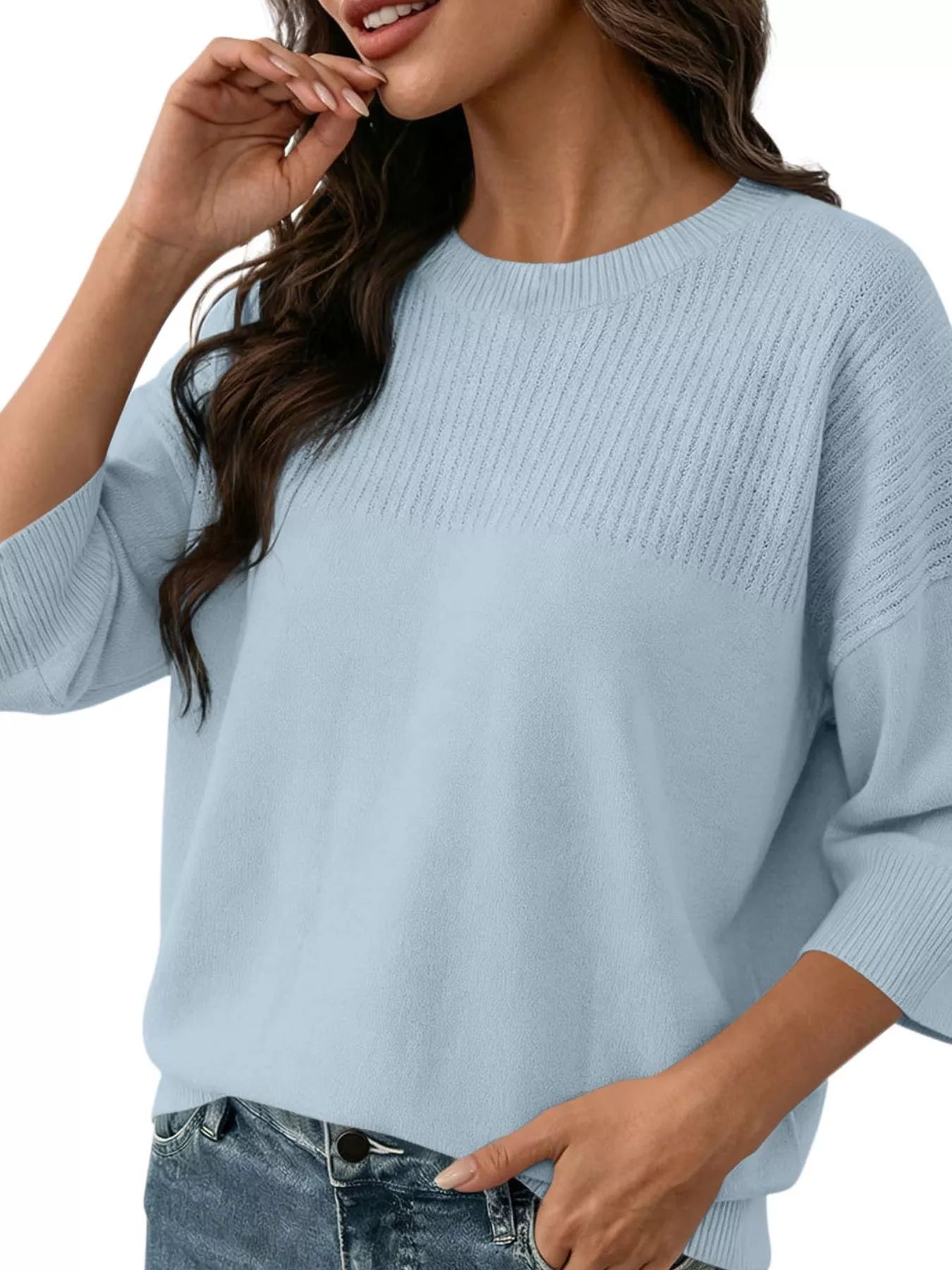 Trendsi Elegant Crew Neck Eyelet Ribbed Sweater -