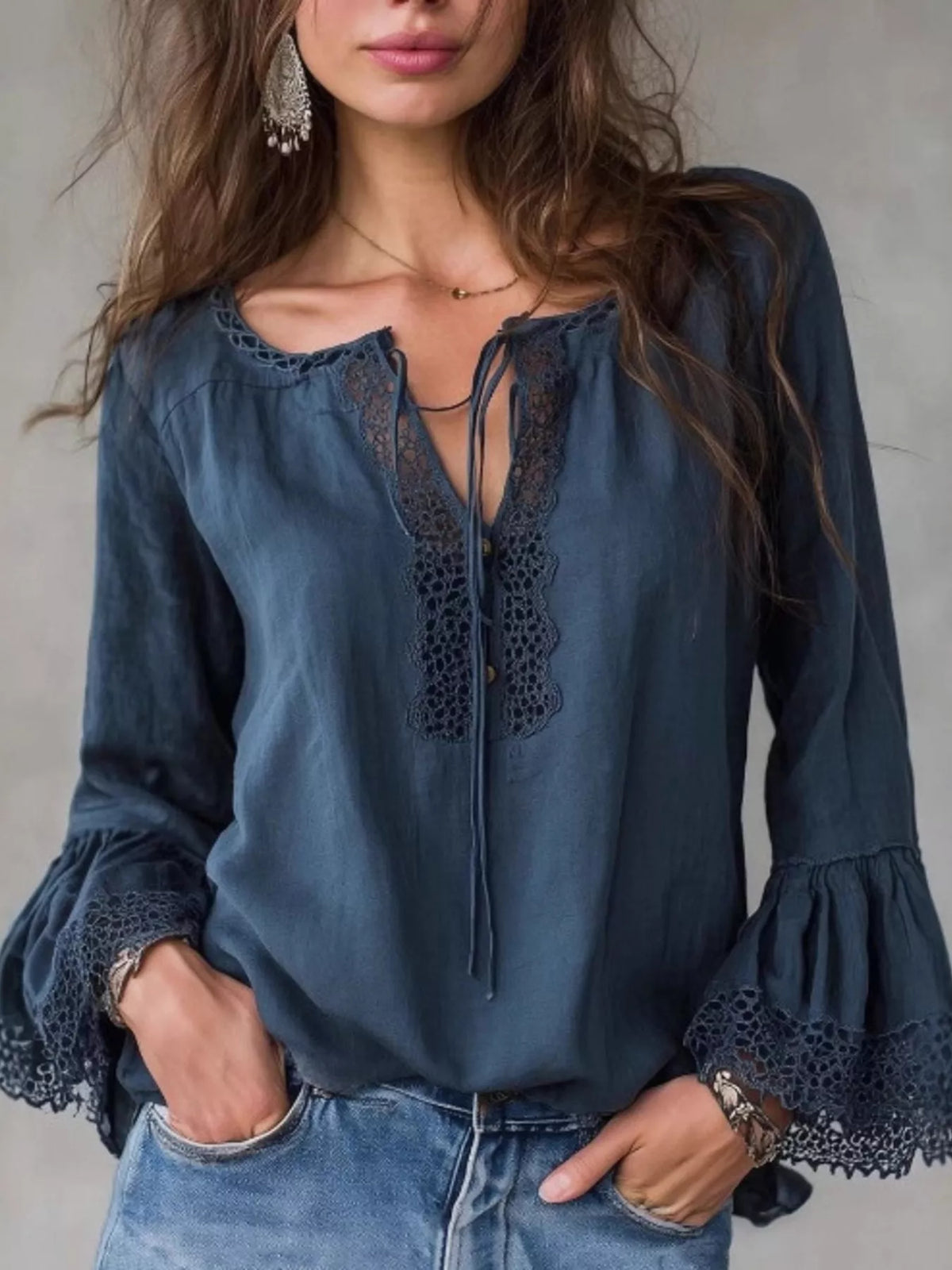 Trendsi Full Size Tie Neck Flounce Sleeve Blouse Plus Size -
