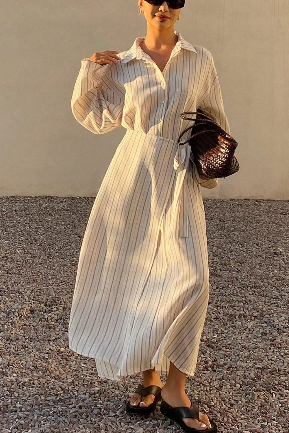 White striped button-down shirt dress with waist tie
