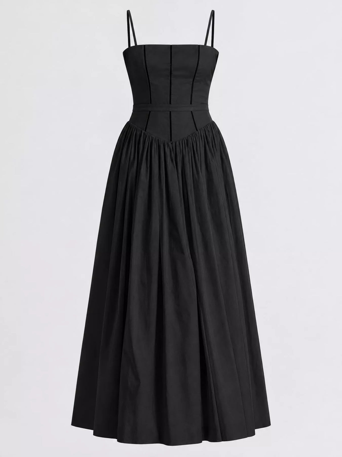 Women's Paneled Bodice Gathered Midi Dress in black — flat lay view