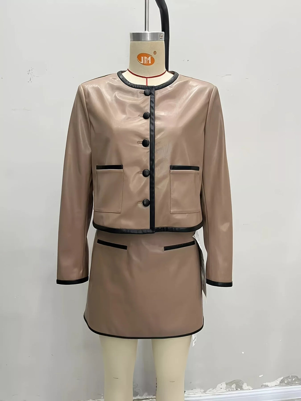 Tan Contrast-Trim Jacket & Mini Skirt Set mannequin front view