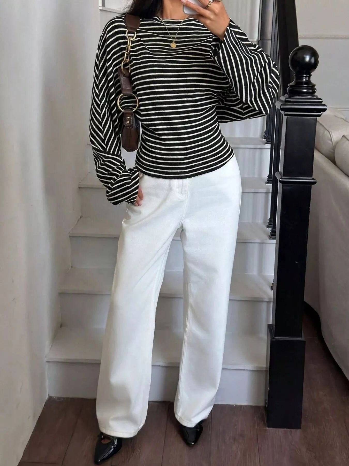 Trendsi Casual Striped Batwing Sleeve T-Shirt -