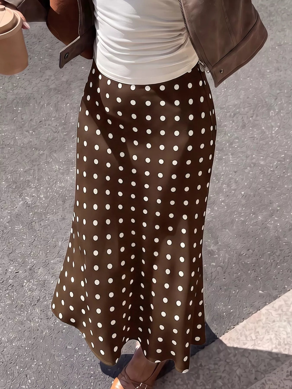Brown and white polka dot midi skirt