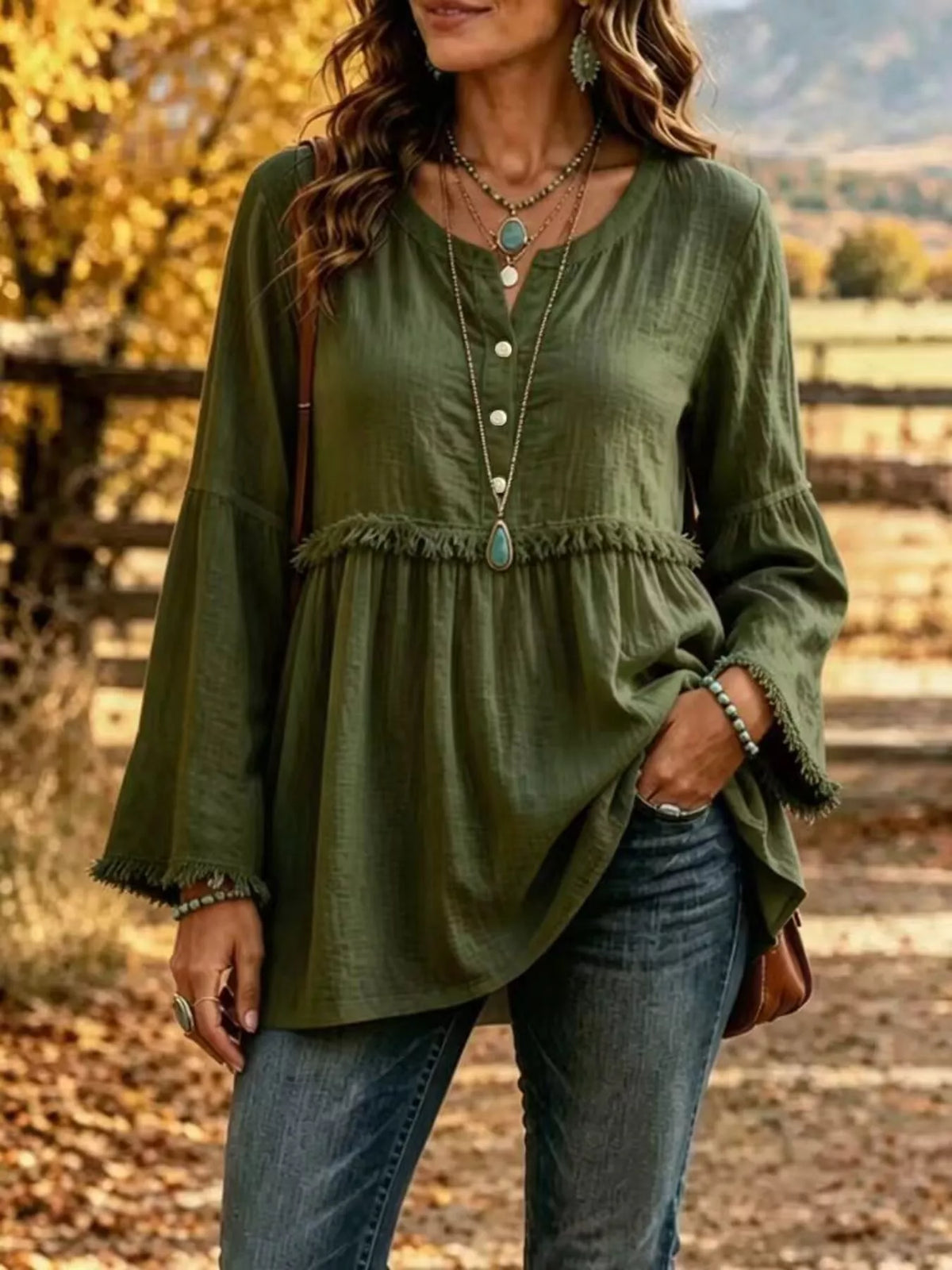 Green fringed button detail blouse