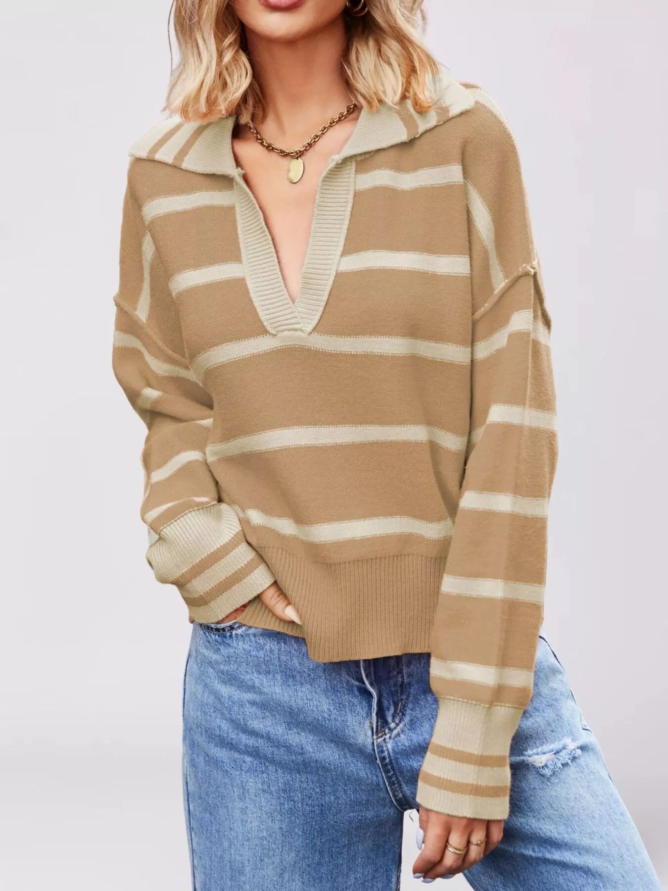 Trendsi Striped Johnny Collar Dropped Shoulder Sweater -