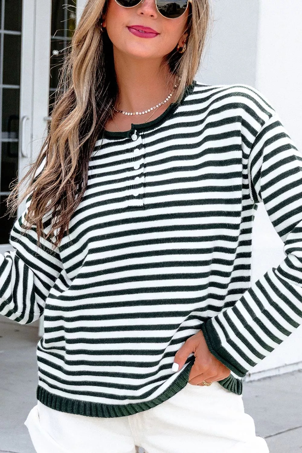 Trendsi Striped Button Placket Drop Shoulder Long Sleeve Sweater -