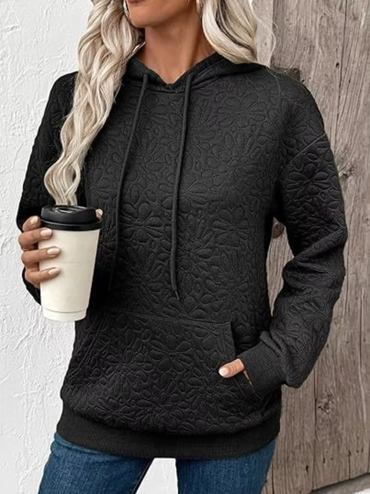 Black textured floral embossed drawstring hoodie