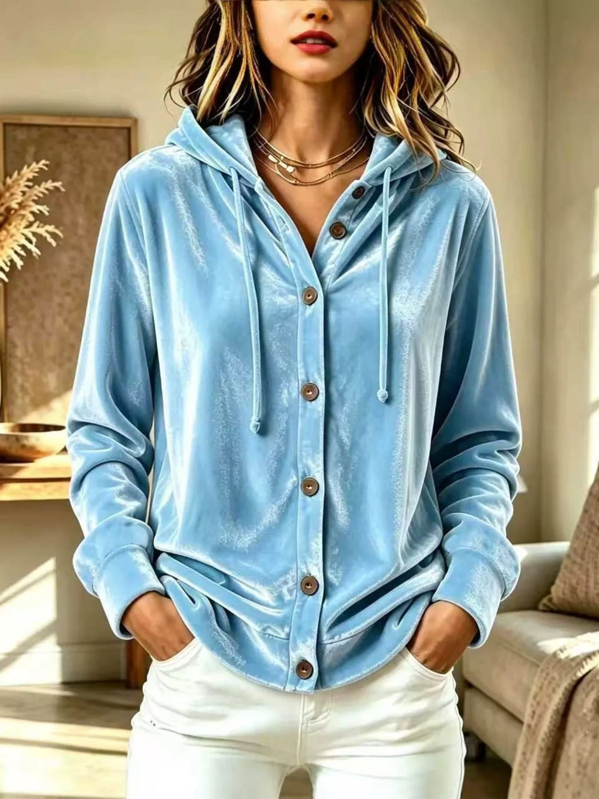 Cerulean velvet button-front hooded top
