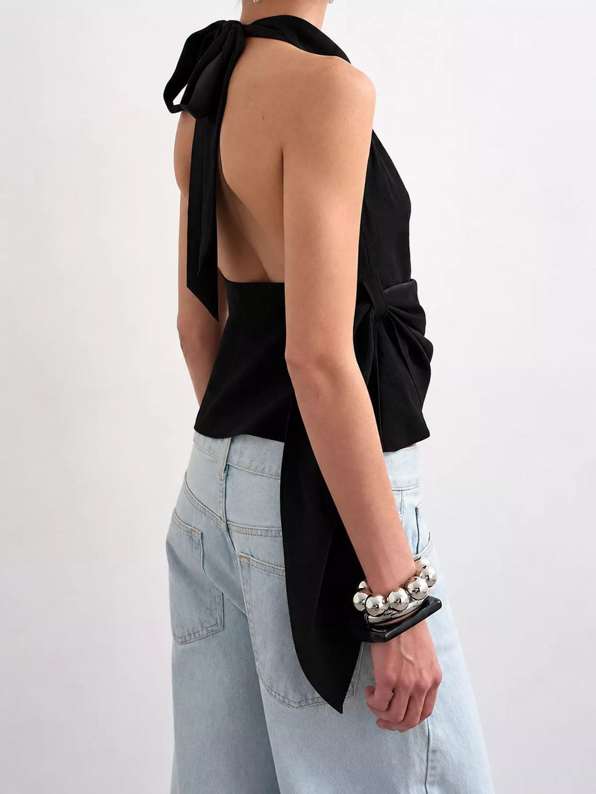 Halter Neck Draped Tank Top, back view in black