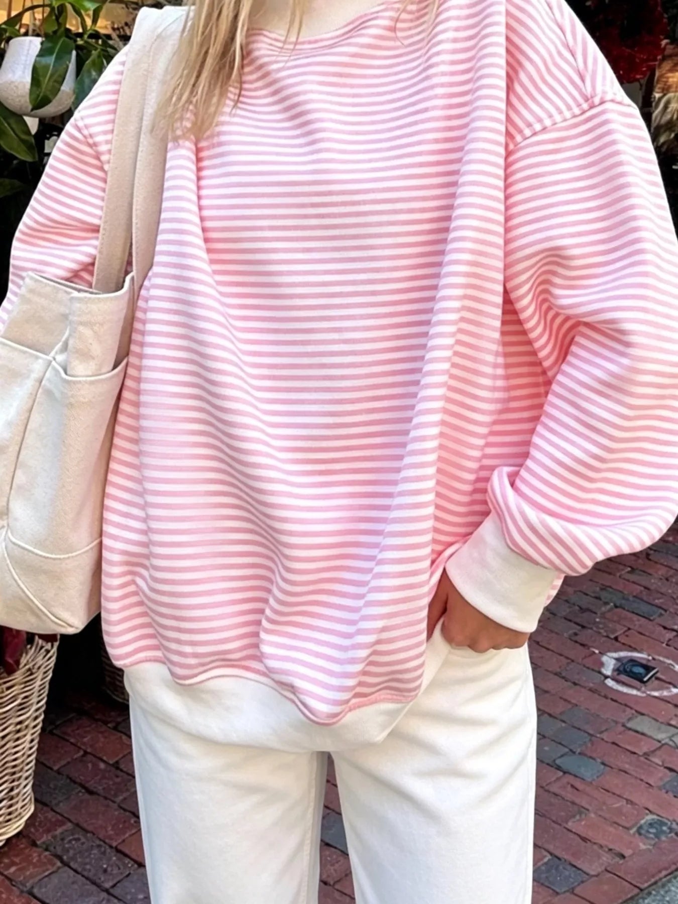 Trendsi Oversized Striped Crew Neck Sweatshirt -