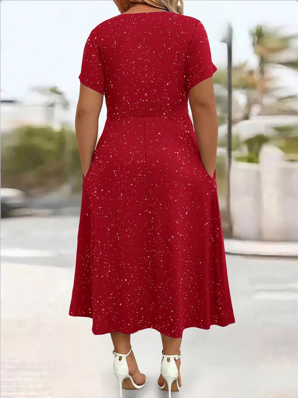 Red speckled short sleeve midi dress with pockets, back view