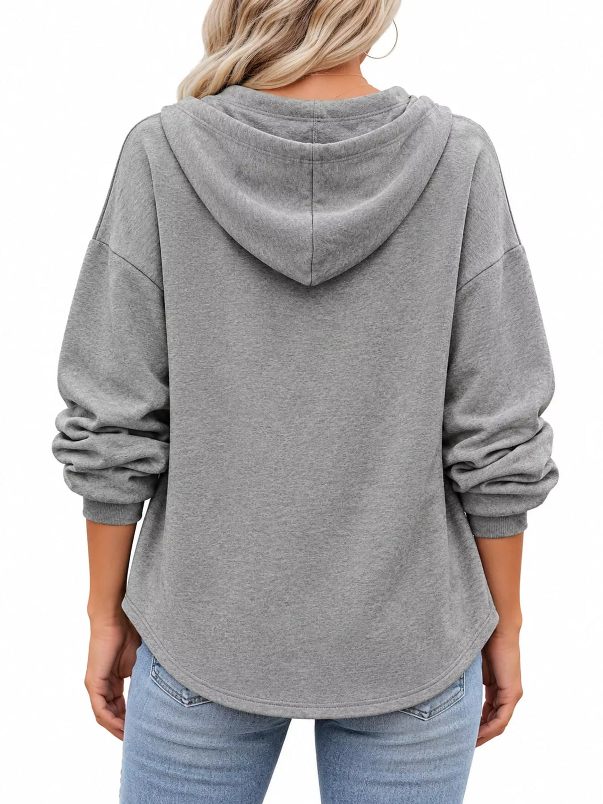 Women's Button Placket Drawstring Dropped Shoulder Hoodie in gray — back view