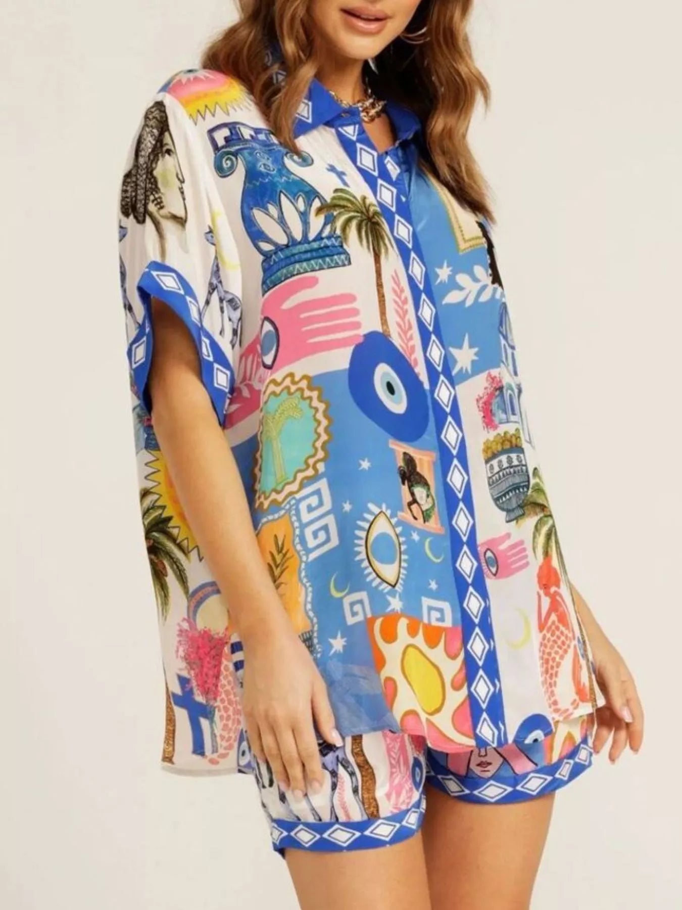 Trendsi Printed Button-Down Shirt and Shorts Set -
