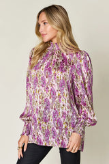 Trendsi Double Take Full Size Printed Smocked Long Sleeve Blouse -