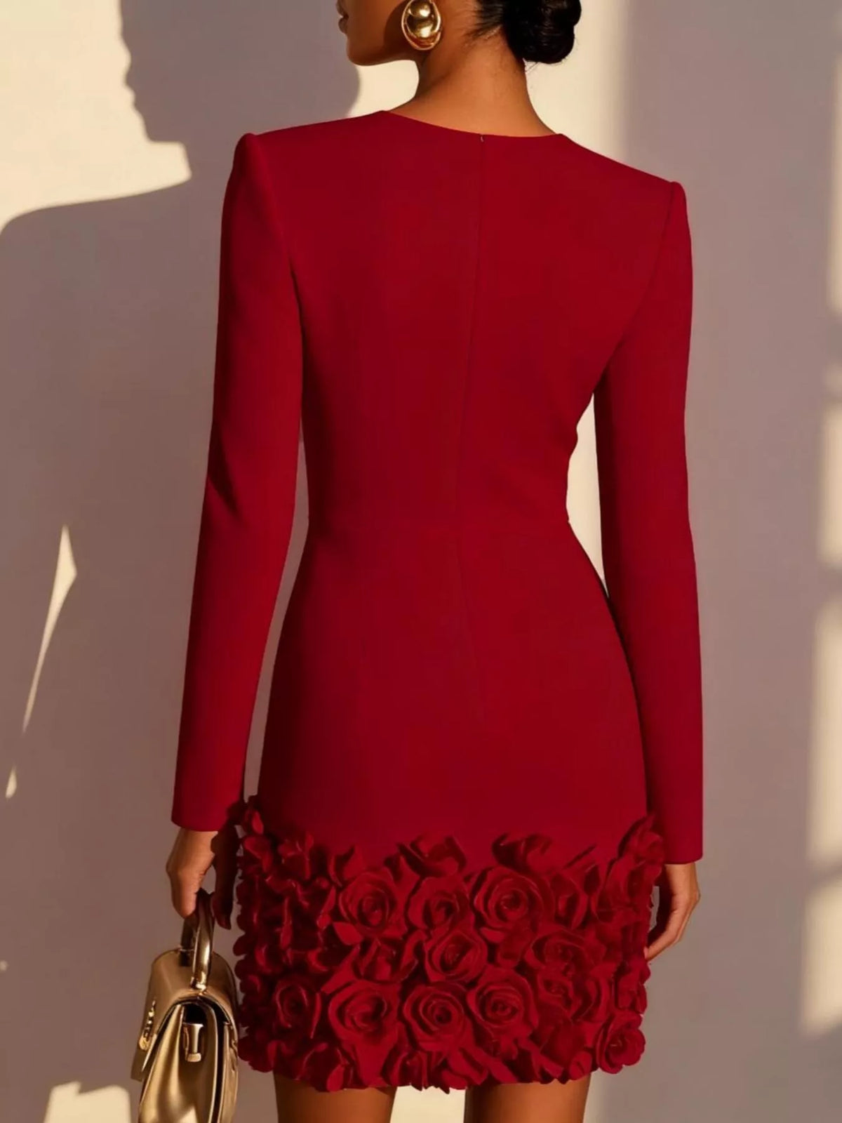 V-neck rose-hem mini dress in burgundy, back view