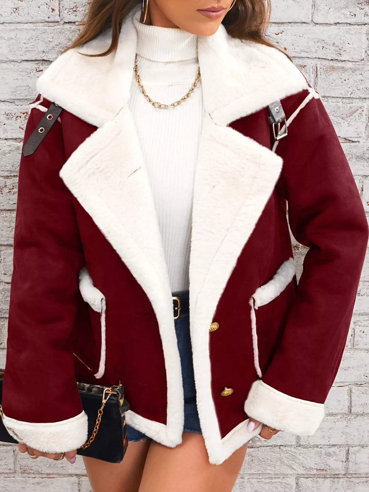 Burgundy plush-lined button-front jacket — front view