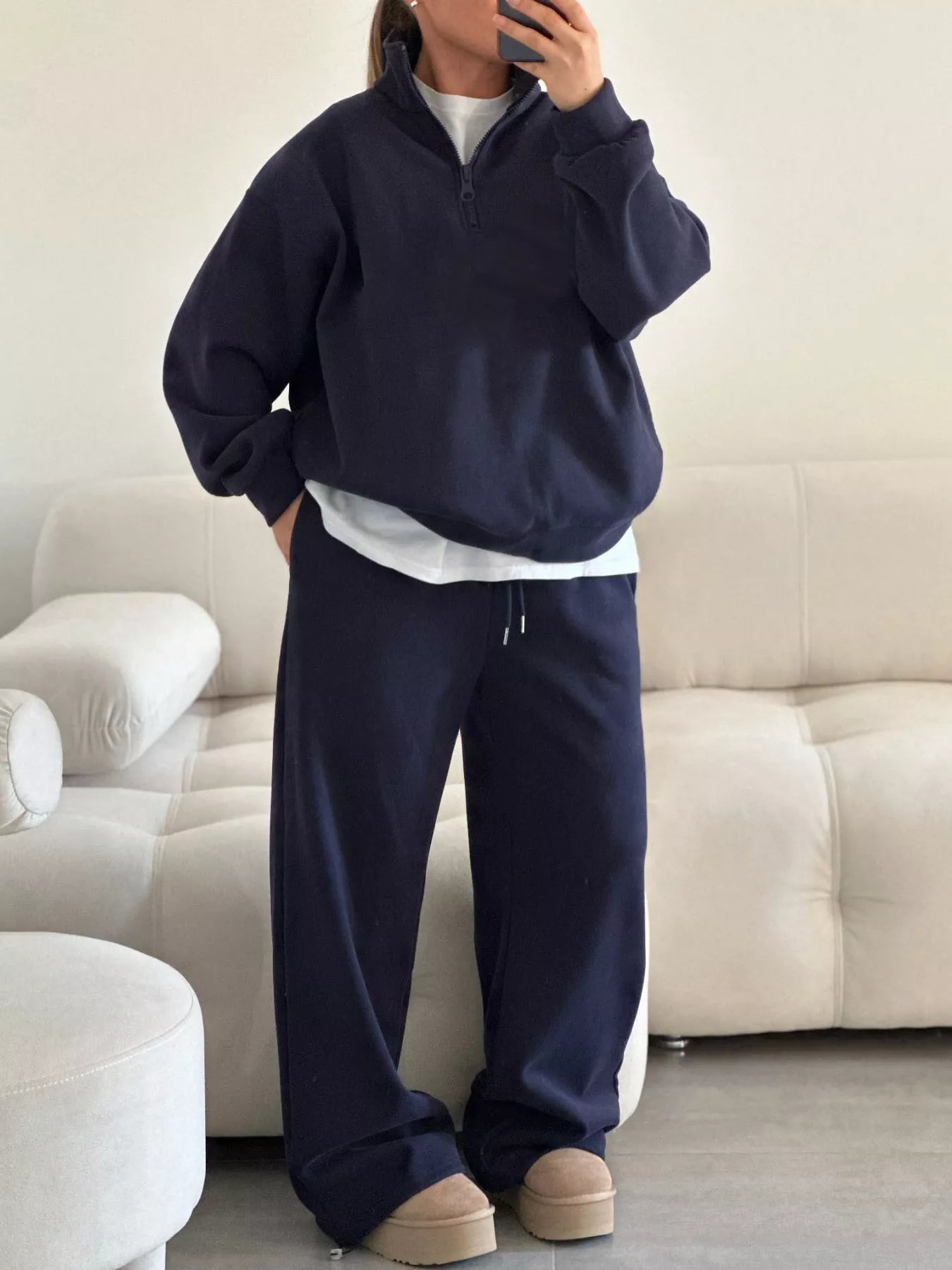Trendsi Quarter-Zip Top and Wide-Leg Sweatpants Set -