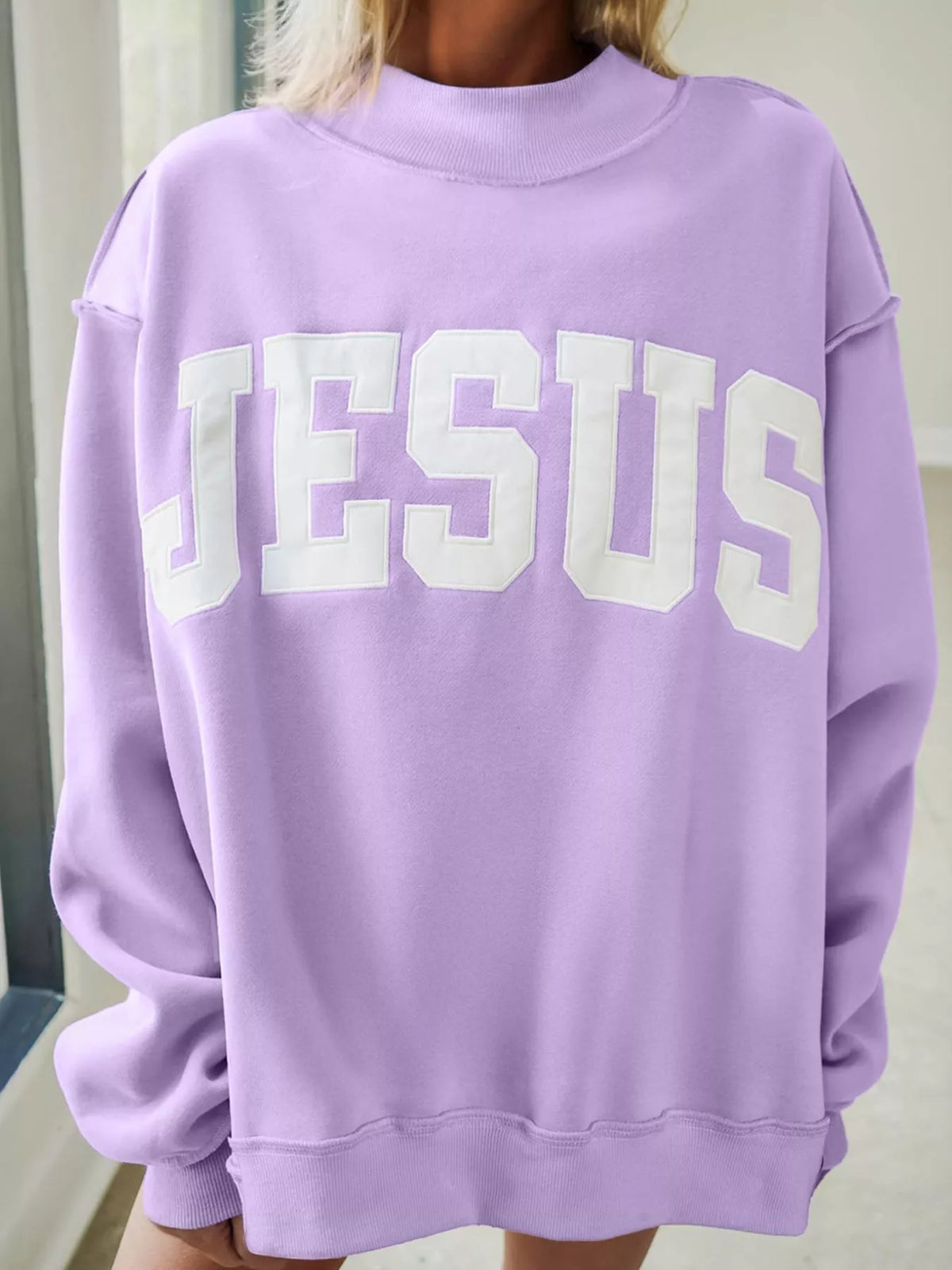 JESUS letter-patch sweatshirt, lilac JESUS front