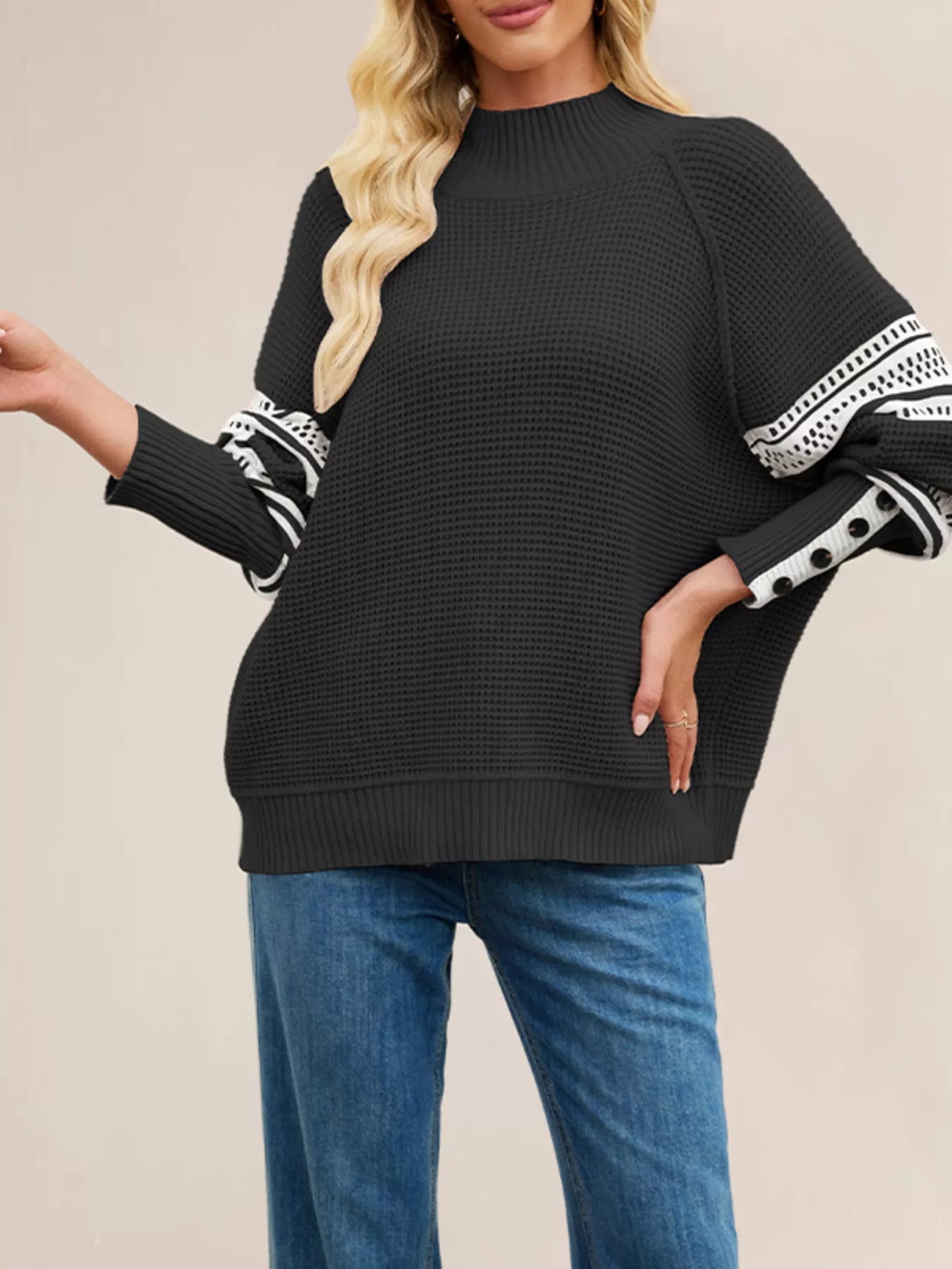 Trendsi Color-Block Mock Neck Waffle Knit Sweater -