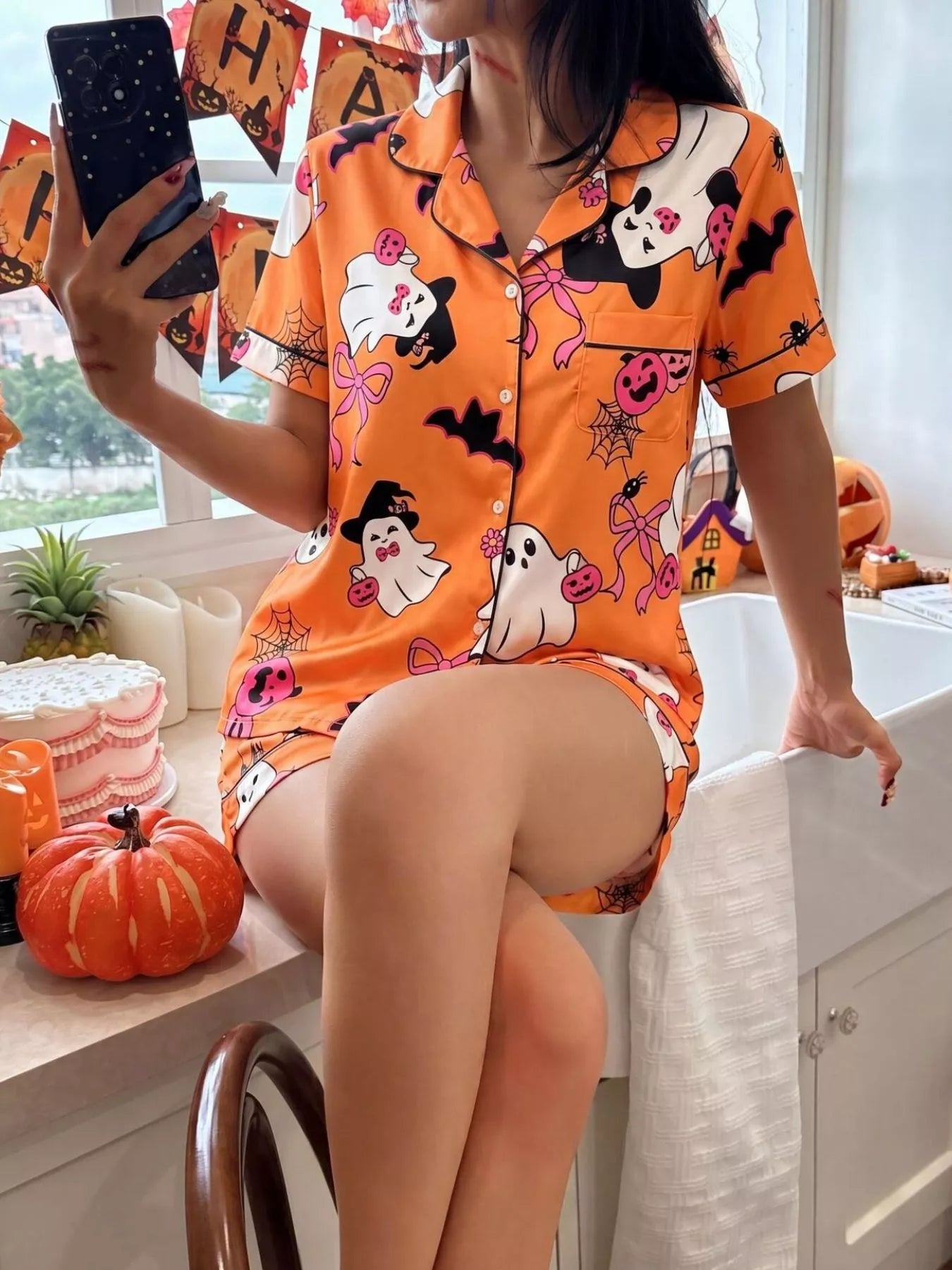 Trendsi Halloween Ghost Print Button-Down Top and Shorts Lounge Set -