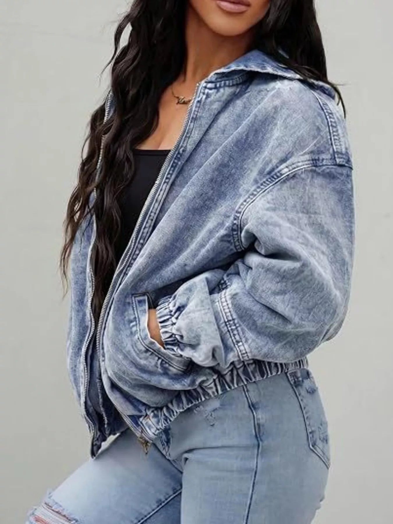 Trendsi Vintage Washed Zip Up Hooded Denim Jacket -