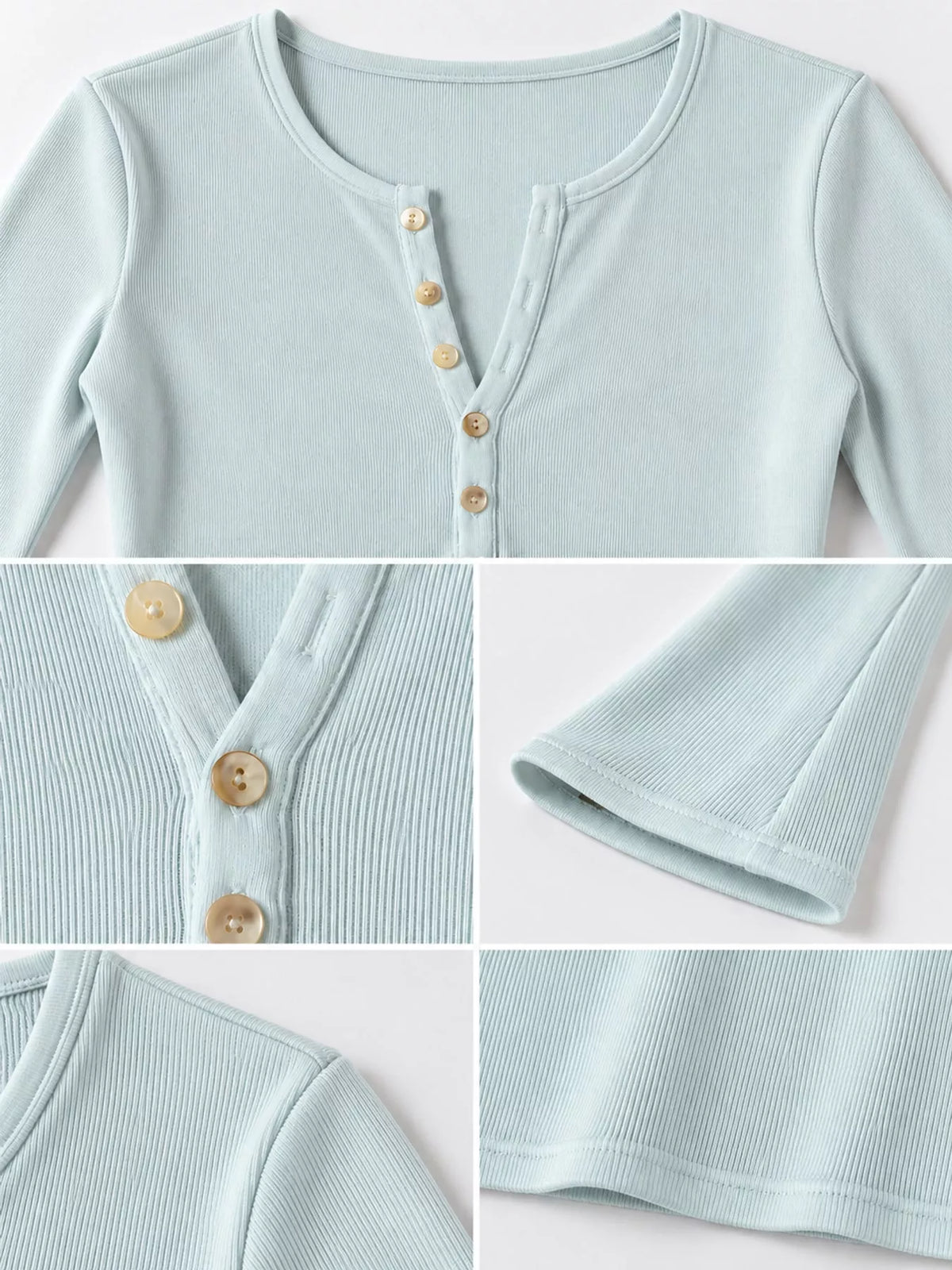 Blue button detail long sleeve t-shirt, detail view
