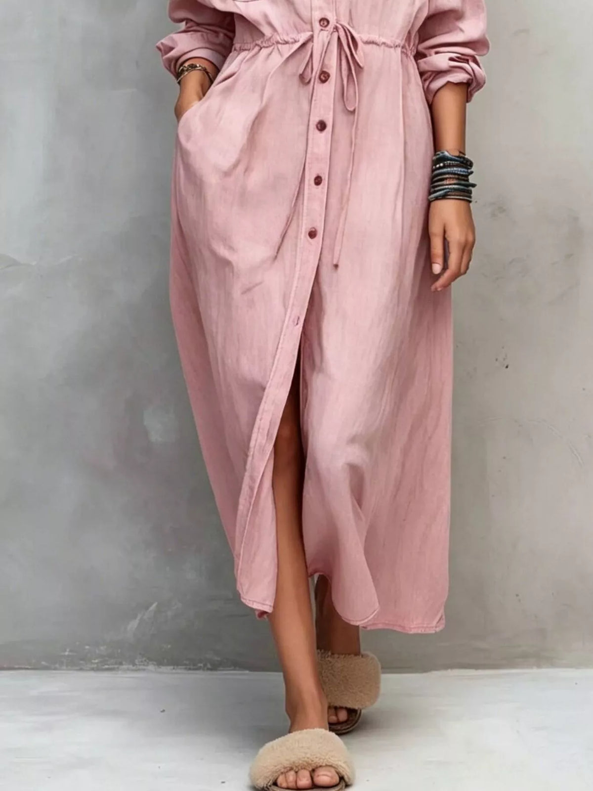 Dusty Pink Button-Front Long Sleeve Maxi Shirt Dress skirt and front-slit detail