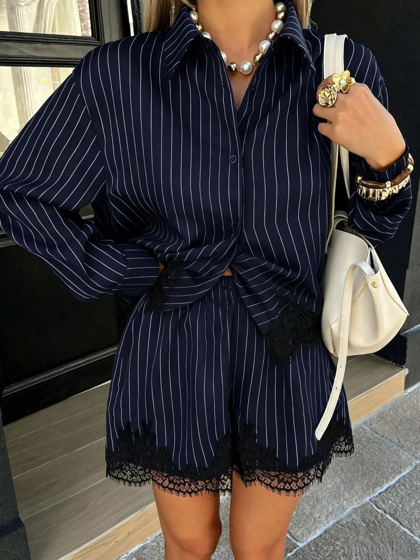 Trendsi Lace Trim Striped Button-Down Shirt and Shorts Set -