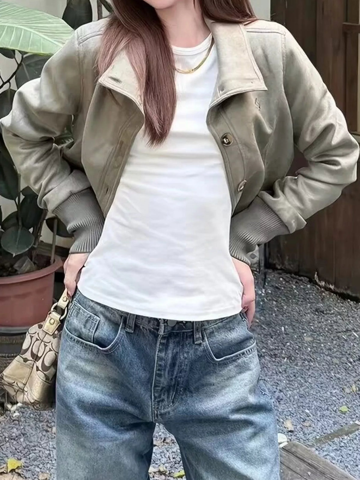 Button-Up Stand-Up Collar Jacket — front view