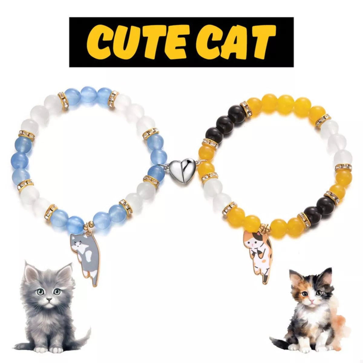 Trendsi 2 Piece Beaded Cat Charm Bracelet -