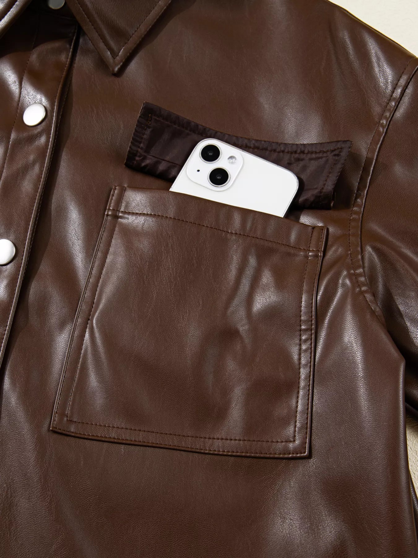 Trendsi Double Flap Pocket Drawstring Hem Leather Jacket -