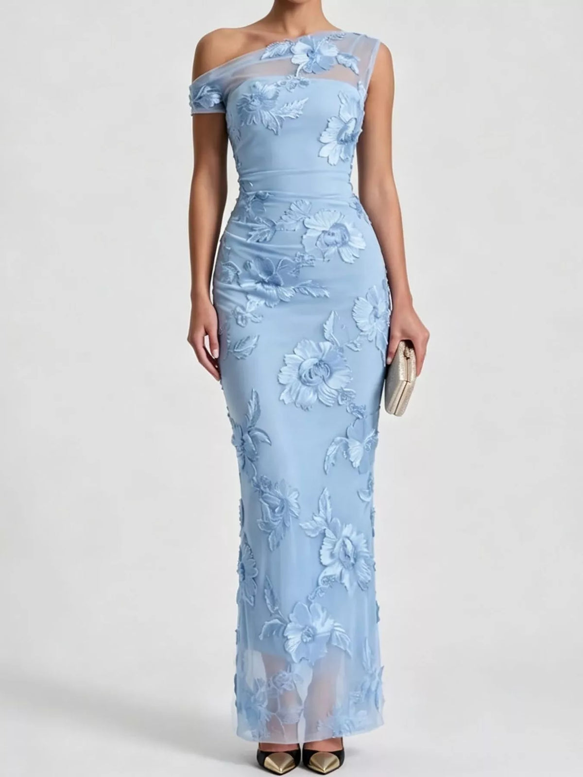 Blue floral one-shoulder maxi dress, front view