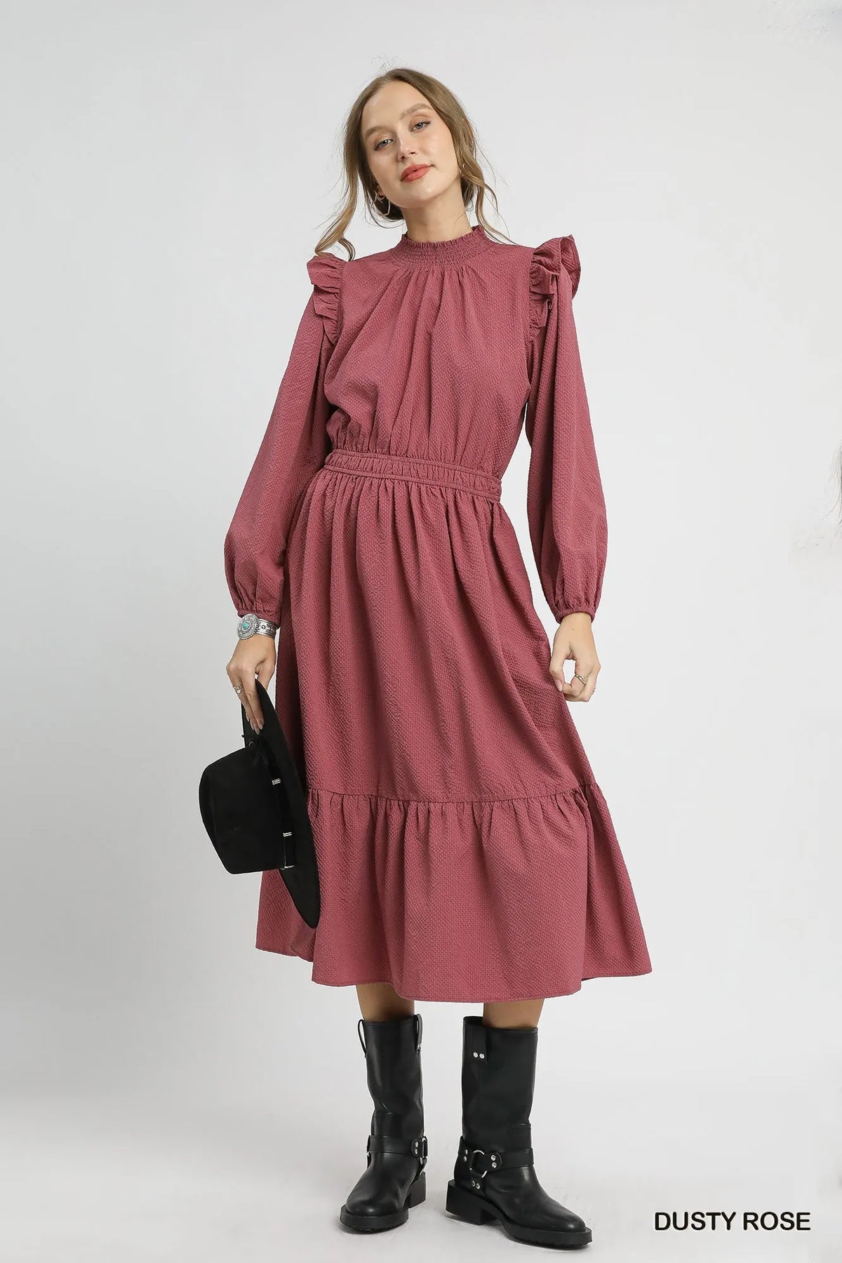 Women's Textured Midi Dress With Ruffle Shoulder Detail — product view 3